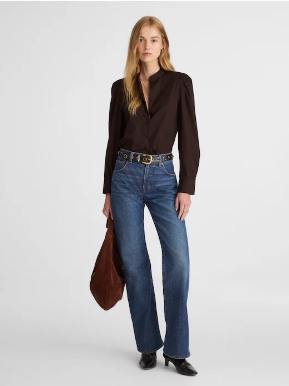 Madewell Puff-Sleeve Button-Up Shirt in Molasses
